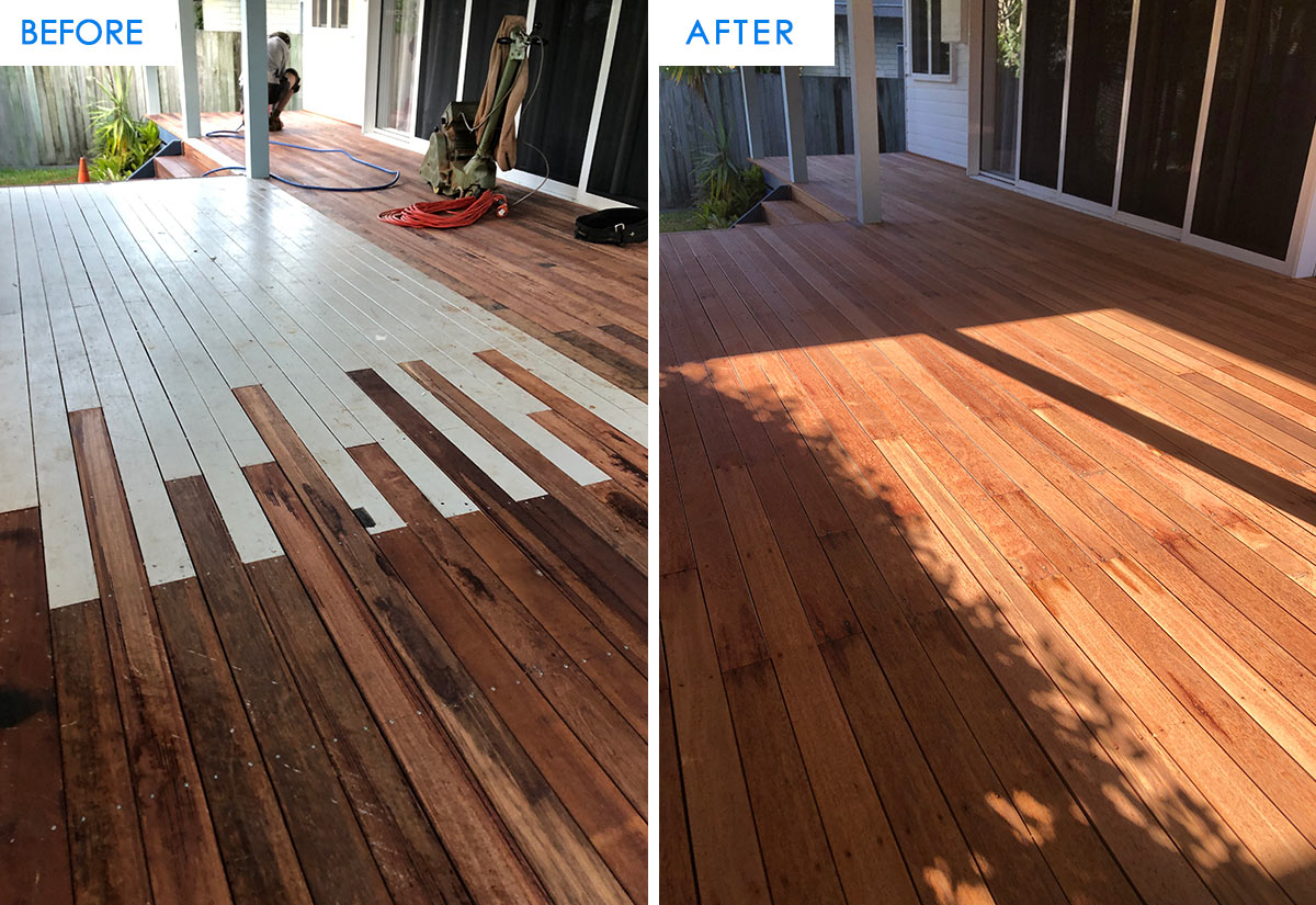 Before And After A Deck Extension Where Old And New Boards Had To Be Sanded To Blend Together, Finished Result Stands For Itself Before and after a deck extension where old and new boards had to be sanded to blend together