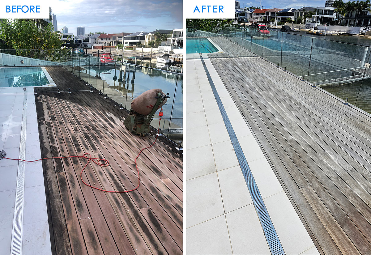 Before And After A Heavy Deck Sanding To Get The Surface Flat. Deck Was Coated With Cutek To Get The Silver Grey Beach Feel During and after a heavy deck sanding to get the surface flat. Deck was coated with Cutek to get the silver grey beach feel which occurs on the Gold Coast after about 12 months of full sunlight.